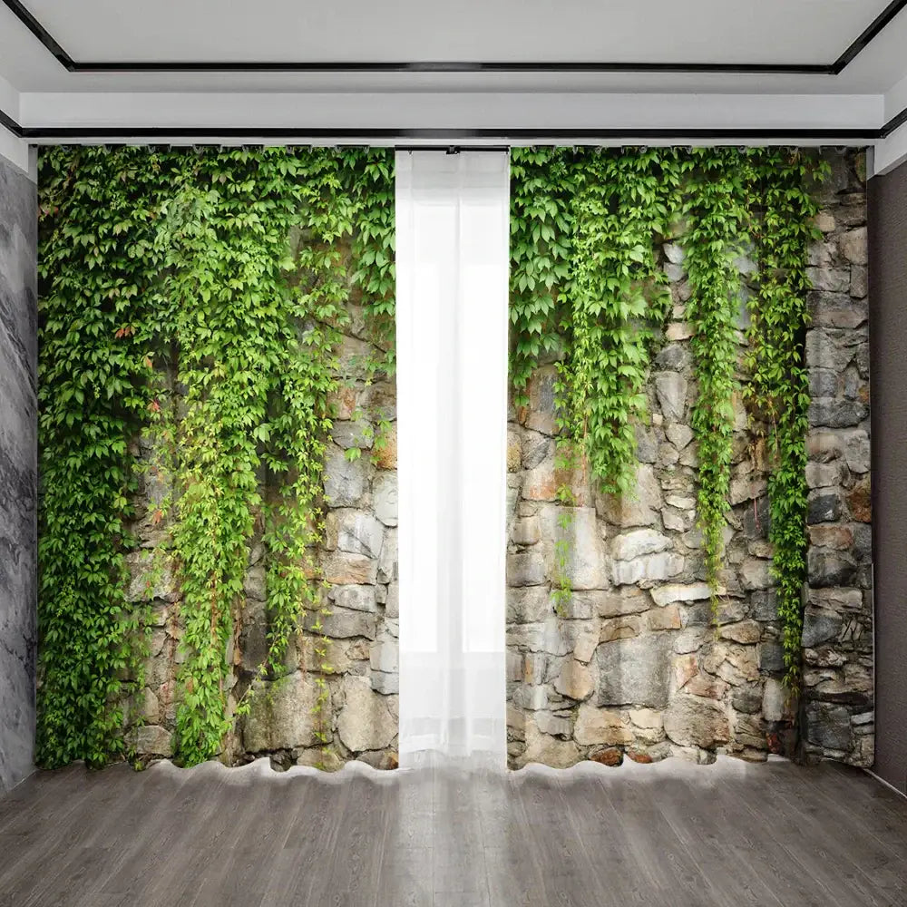 Lush green ivy leaf plant printed curtains with a central white sheer panel for living room decor