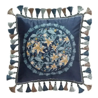 Navy blue satin camellia floral velvet cushion cover with circular embroidery and multi-colored tassels for living room decor