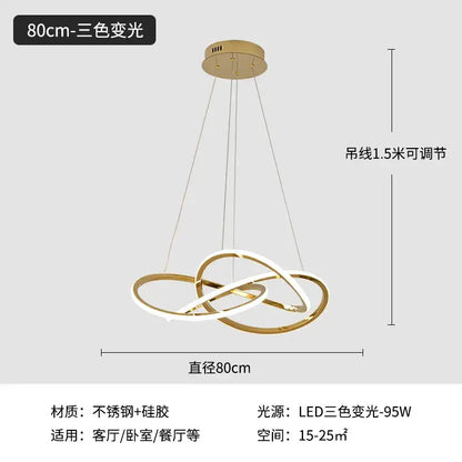 Gold-toned luxe four leaf stainless steel pendant lamp with three interlocking rings and adjustable chain for dining room