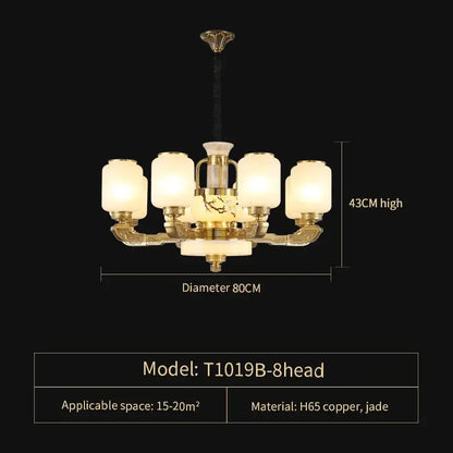 Elegant 8-light decorbites jade chandelier with a golden h65 copper frame and frosted glass jade shades for living room lighting