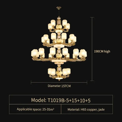 Luxe gold and frosted glass jade chandelier with a multi-tiered copper frame, ideal for living room decorbites jade light
