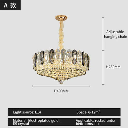 Luxe gold and gray crystal duplex villa chandelier with gold electroplated frame and clear dark k9 crystals decorbites crystal duplex