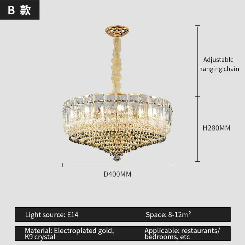Luxe gold and gray crystal duplex villa chandelier with gold electroplated frame and clear k9 crystal beads decorbites crystal duplex