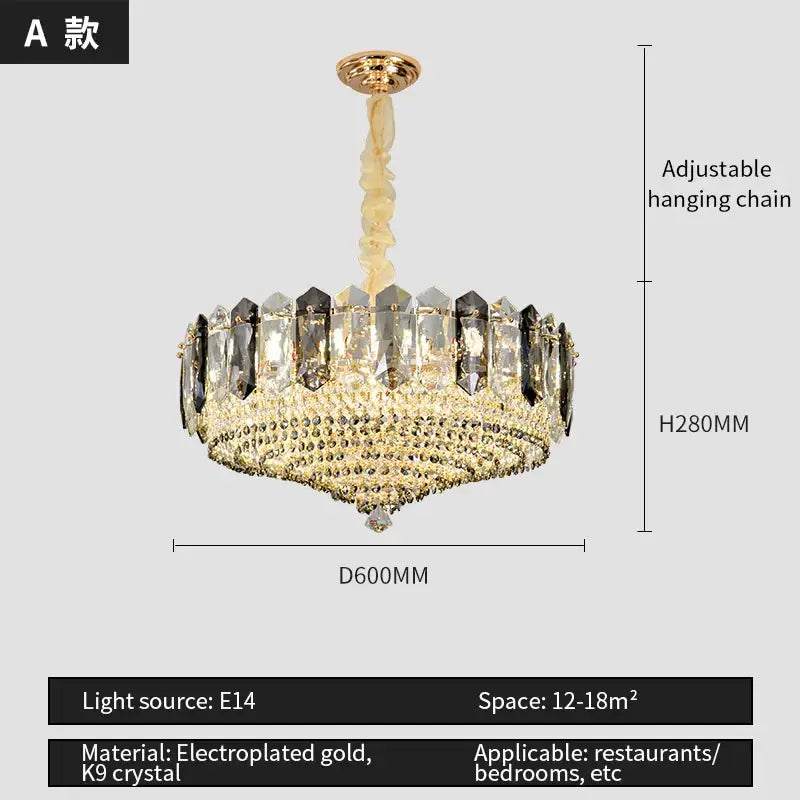 Luxe gold and gray crystal duplex villa chandelier with multiple tiers of clear and dark crystal accents for living room decorbites crystal duplex