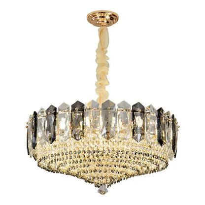 Luxe gold and gray crystal duplex villa chandelier featuring cascading clear and dark prisms with cream chain decorbites crystal duplex