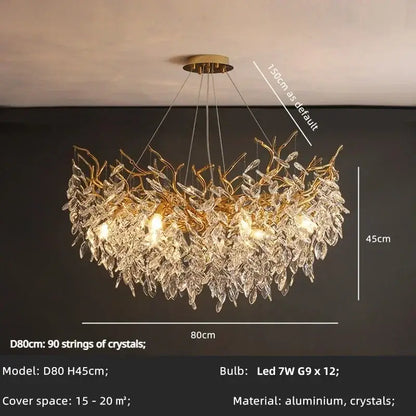 Luxe gold crystal branch pendant light living room chandelier with gold-toned cascading crystal leaves and aluminum fixture