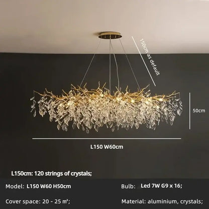 Luxe gold crystal branch pendant light with intricate crystal leaves on aluminum frame for living room decorbites crystal branch