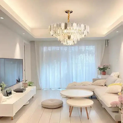 Luxe gold decorbites crystal indoor chandelier with multi-tiered faceted crystals and leaf accent for living room decor