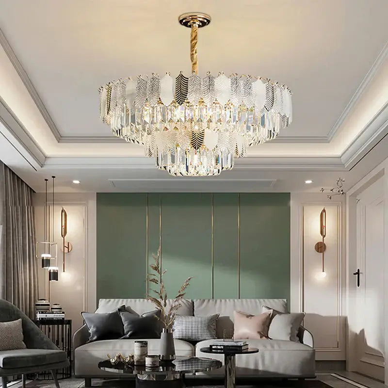 Luxe gold crystal indoor chandelier with layered crystal leaves and faceted crystals for living room decorbites crystal indoor
