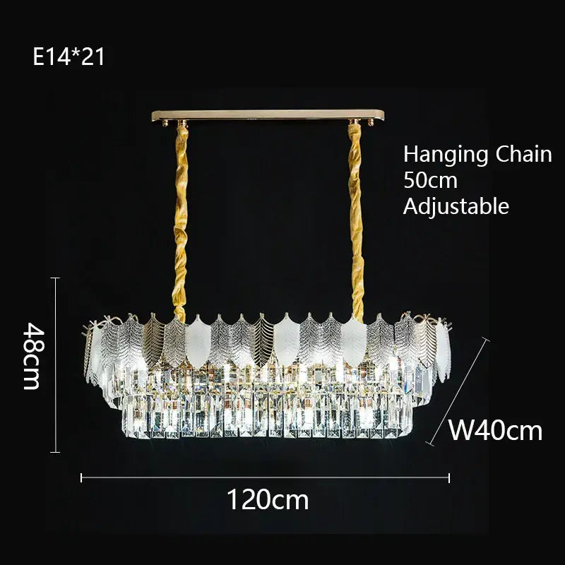 Elegant gold rectangular decorbites crystal indoor chandelier with twisted chains, clear prisms, and frosted glass leaf accents