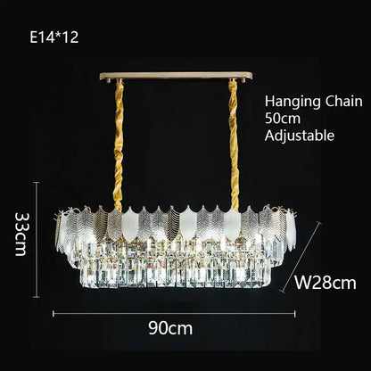 Elegant gold-toned decorbites crystal indoor chandelier with rectangular frame and cascading clear and frosted prisms