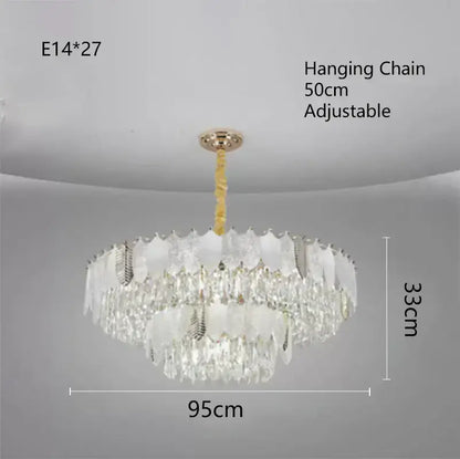 Elegant two-tiered decorbites crystal indoor chandelier with gold-toned hardware and adjustable hanging chain for living rooms