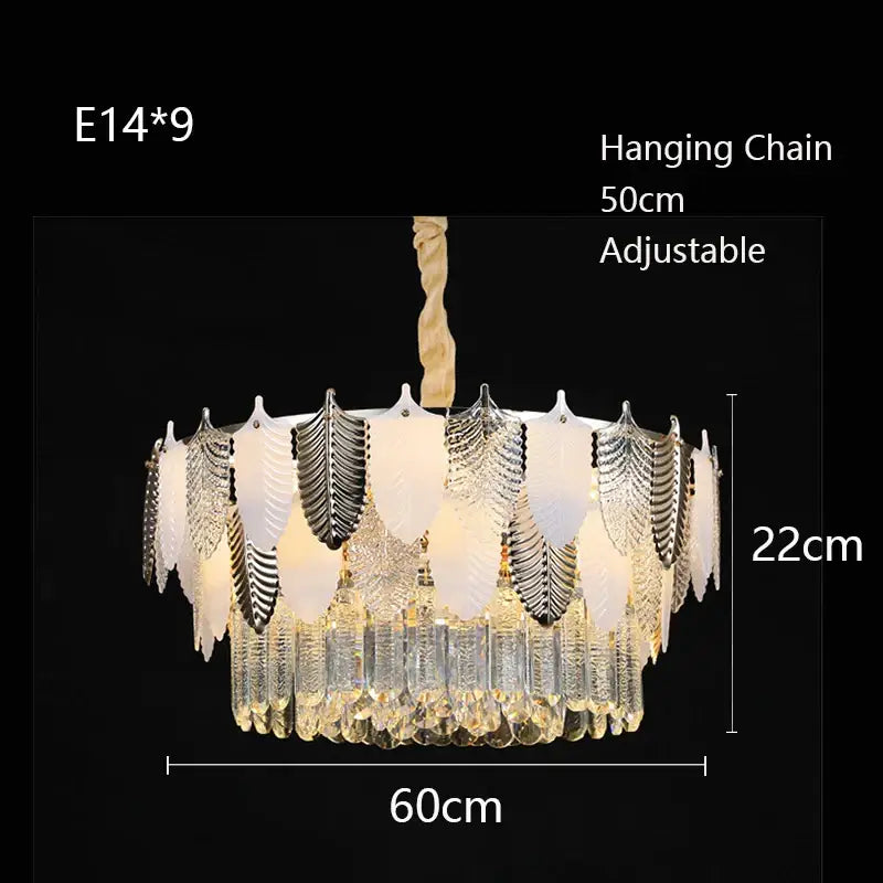 Elegant luxe gold crystal indoor chandelier with layered frosted white leaf glass shades and decorbites crystal indoor accents