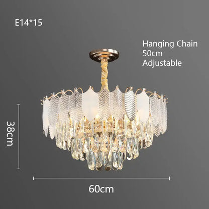 Elegant decorbites crystal indoor chandelier with gold-toned mount, adjustable chain, cascading clear teardrop crystals, and leaf accents