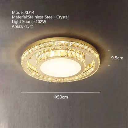 Gold-toned led ceiling chandelier with two concentric crystal rings in stainless steel for dining room decorbites crystal led