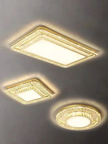 Luxe gold crystal led ceiling chandelier with rectangular and circular crystal led ceiling lights for dining room decorbites crystal led