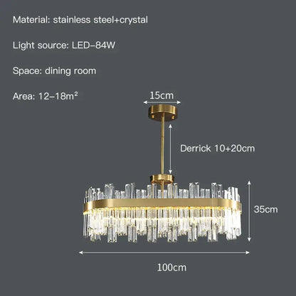 Luxe gold crystal round ceiling chandelier with cascading clear crystal rods on stainless steel frame for dining room decorbites crystal round