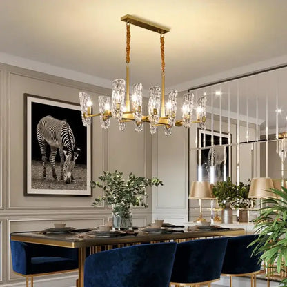 Luxe gold glass led ceiling chandelier with crystal droplets on rectangular frame for living room lighting