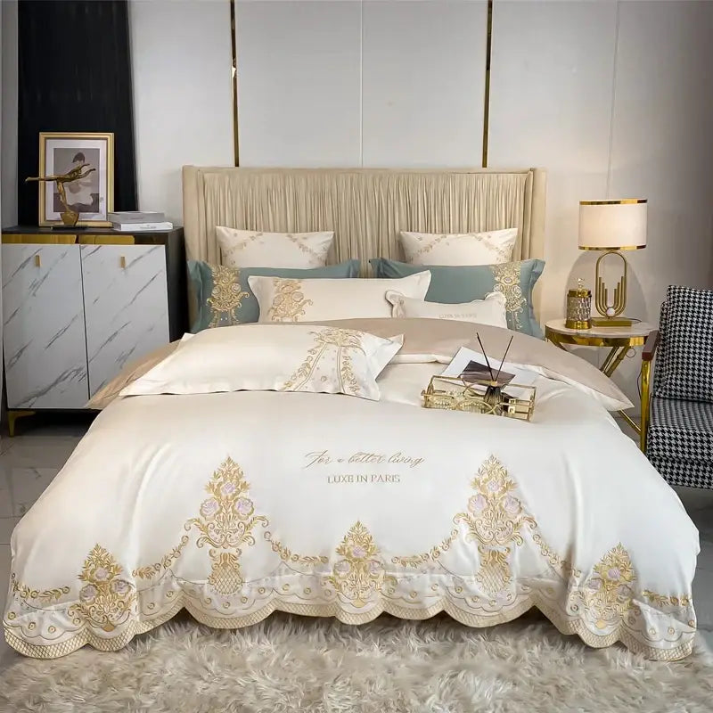 Elegant ivory satin bedding set with gold embroidery and blush pink floral details by decorbites 1000tc egyptian
