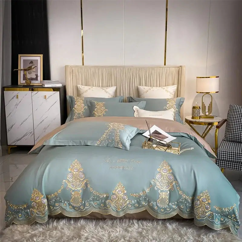 Teal satin bedding set with gold and lavender floral embroidery from decorbites 1000tc egyptian collection