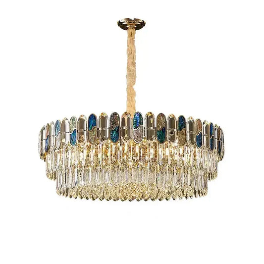 Luxurious blue and gold sea shell dimmable led chandelier with crystal prisms and inlaid panels for living room decorbites dimmable led sea