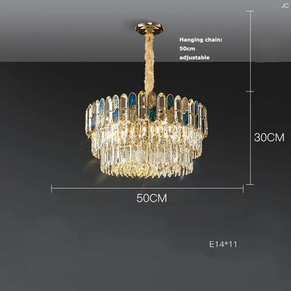 Gold-toned sea shell decorbites dimmable led chandelier with cascading clear crystal droplets and blue-tinted accents for living room
