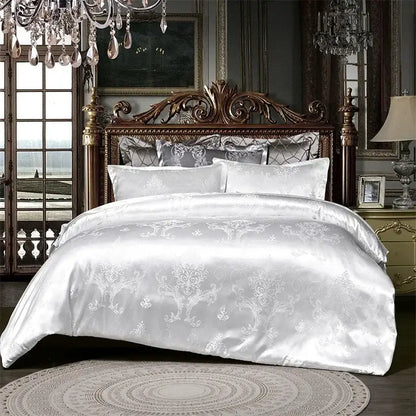 Silver satin duvet cover with intricate damask pattern in decorbites jacquard satin luxury bedding set for bedroom decor