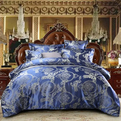 Luxurious royal blue satin duvet cover set with intricate silver damask patterns featuring decorbites jacquard satin luxury