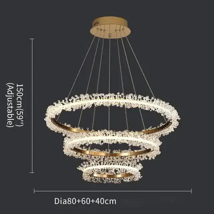 Luxurious crystal gold ring led chandelier with three concentric rings and sparkling clear crystals for living room decorbites crystal gold