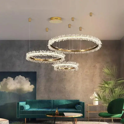 Luxurious decorbites crystal gold ring led chandelier with gold tone and crystal embellishments for living room decor