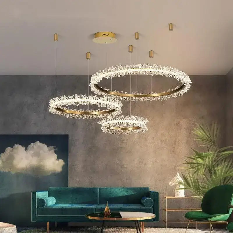 Luxurious decorbites crystal gold ring led chandelier with gold tone and crystal embellishments for living room decor