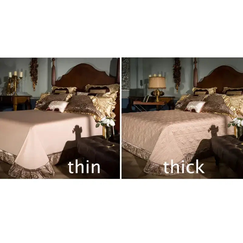 Two luxurious beige bedding set versions with intricate gold and brown embroidery egyptian cotton fabric thicknesses displayed
