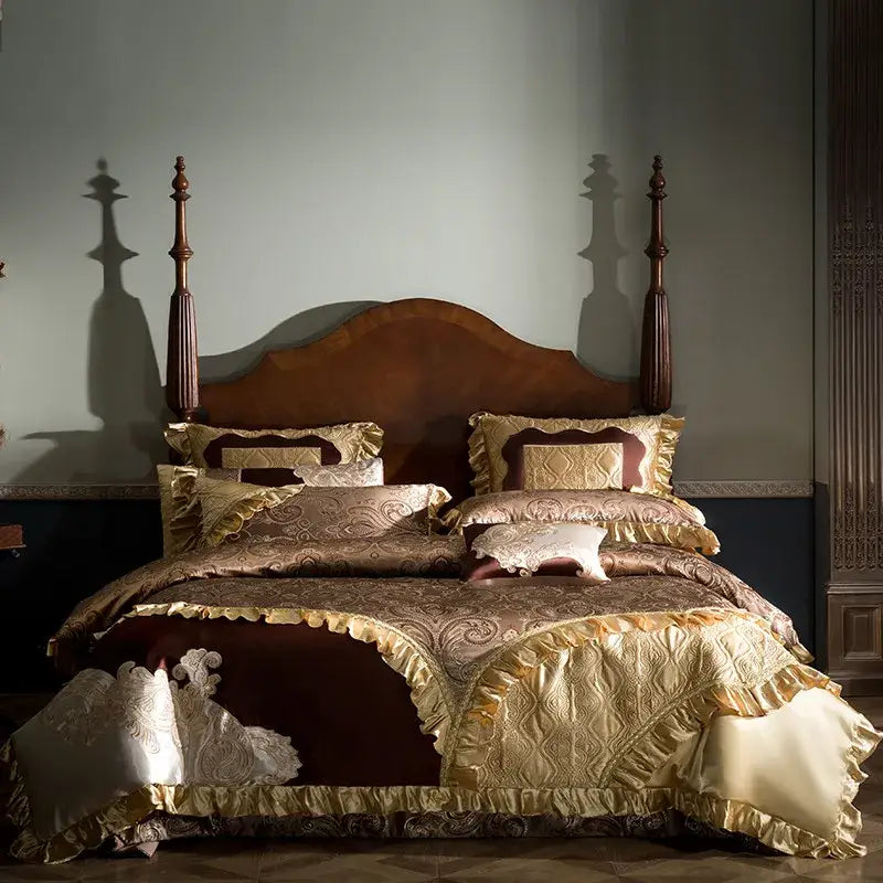 Luxurious gold and burgundy satin bedding set with intricate paisley 200s embroidery Egyptian cotton and ruffled edges