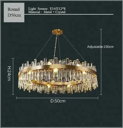 Luxurious gold crystal led chandelier with circular frame and cascading clear crystal prisms for living and dining room