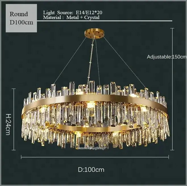 Luxurious gold crystal led chandelier with circular design and crystal droplets for living and dining room lighting