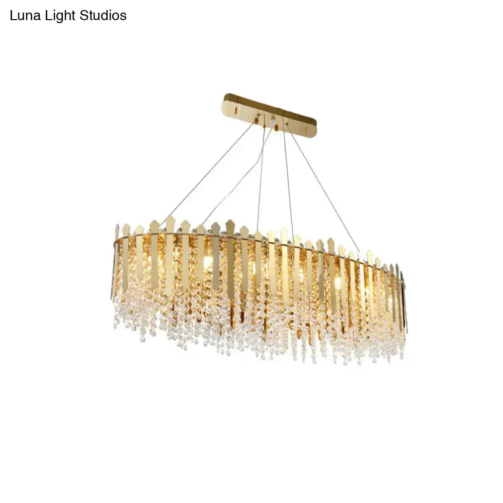 DecorBites 14-light gold elliptical island pendant light fixture with vertical crystal rods and clear crystal beads