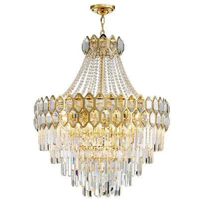 Luxurious gold hexagonal deluxe crystal led pendant lamp featuring multi-tier clear crystal prisms for dining room decorbites deluxe crystal decor