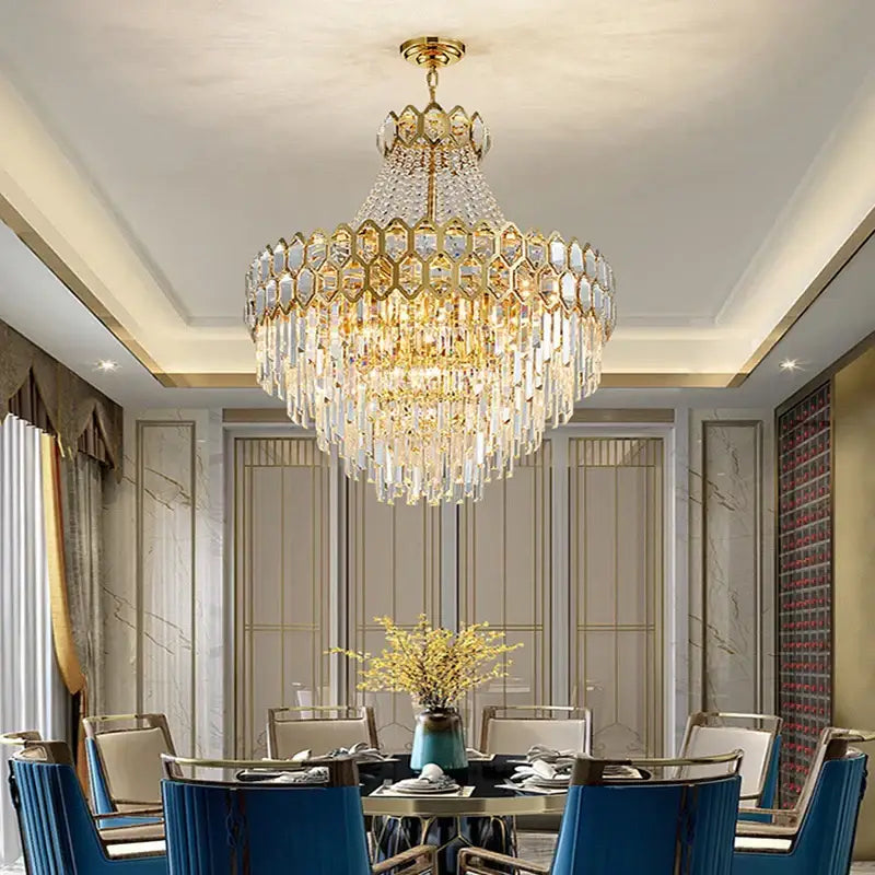 Luxurious gold pendant lamp with hexagonal lattice and cascading deluxe crystal led droplets for dining room decorbites deluxe crystal