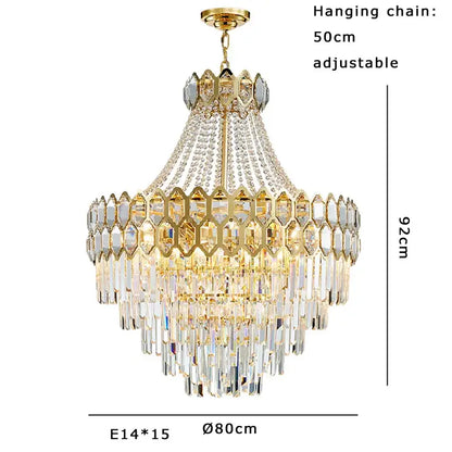 Gold-toned pendant lamp with multiple tiers of clear deluxe crystal prisms and adjustable 50cm hanging chain decorbites deluxe crystal