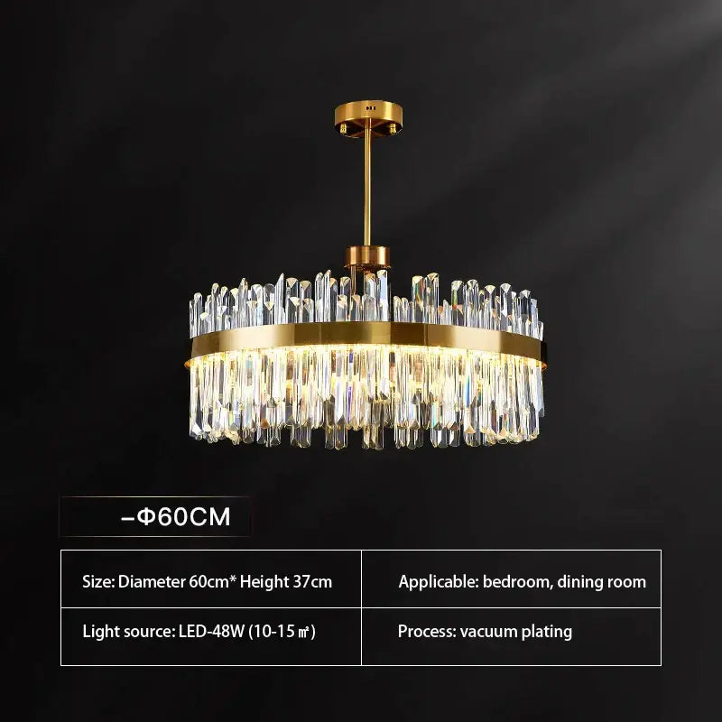 Elegant gold round crystal pendant light with cascading clear prisms by decorbites for living room decor