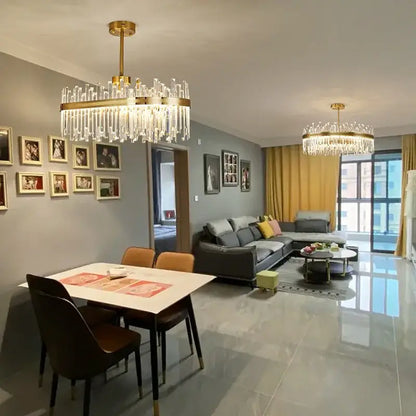 Luxurious decorbites gold round crystal pendant light with cascading crystal prisms for living room decor