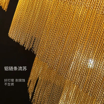 Golden aluminum chain tassel fringe with shimmering interlocking mesh design for luxurious chandelier lighting