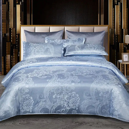Light blue satin bedding set with intricate white floral embroidery from decorbites jacquard satin summer collection