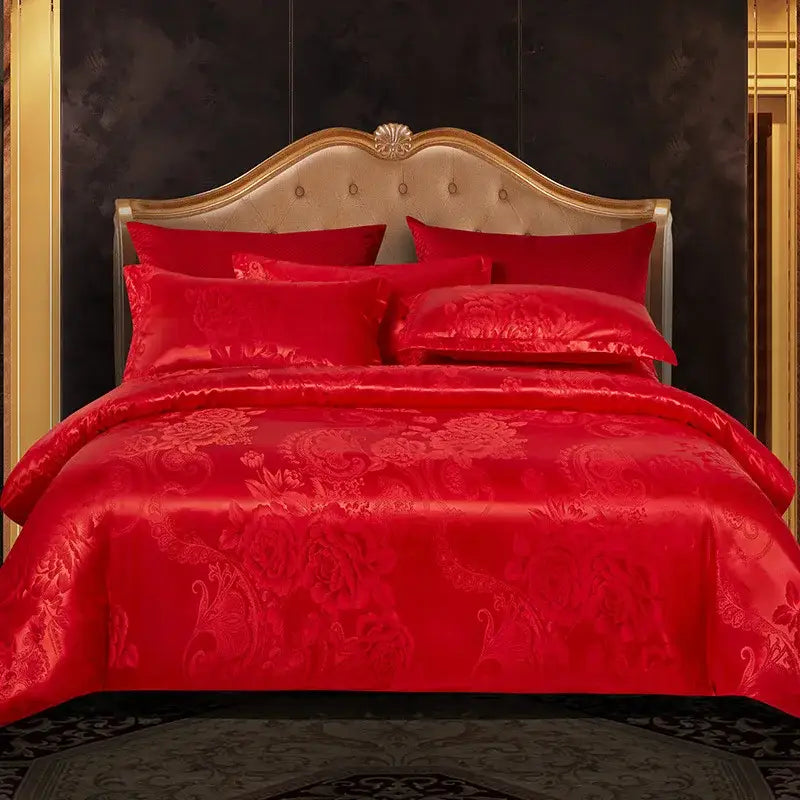 Luxurious decorbites jacquard satin bedding set in lustrous red with intricate floral embroidery for elegant bedroom decor