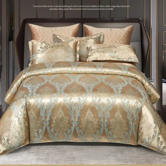 Luxurious gold and teal damask bedding set in decorbites jacquard satin perfect for jacquard satin summer bedrooms