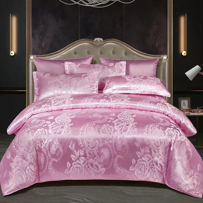 Pink satin bedding set with intricate floral embroidery showcasing decorbites jacquard satin summer luxury design