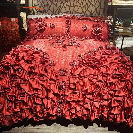 Luxurious red satin ruffled bedding set with embroidered rose appliqués featuring decorbites jacquard rose lace design