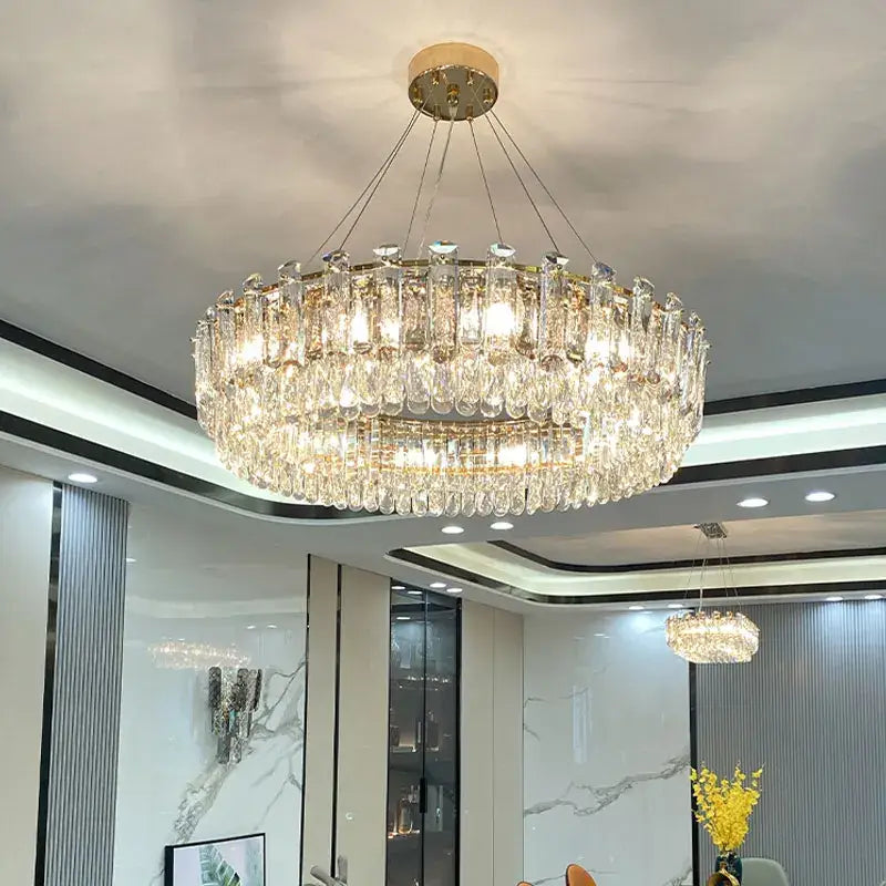 Luxurious two tier gold round crystal chandelier with hanging glass prisms for dining room decorbites gold round oval
