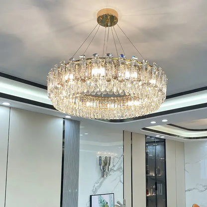 Luxurious two tier gold crystal chandelier with clear droplets for dining room decorbites gold round oval design
