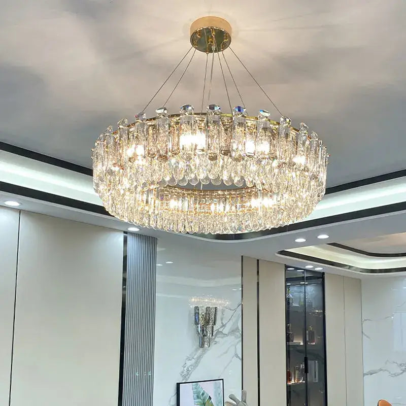 Luxurious two tier gold crystal chandelier with clear droplets for dining room decorbites gold round oval design